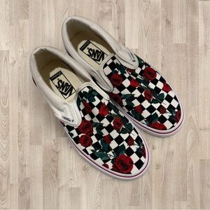 Vans Customs - Black and White Checkered Rose Slip-Ons